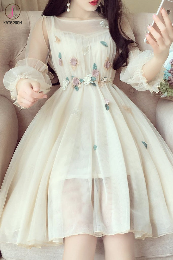 Kateprom Beige 3/4 Sleeve Knee Length Prom Dress with Flowers, Sweet Homecoming Dresses KPH0457