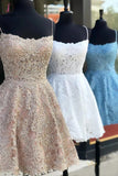 Kateprom A Line Spaghetti Straps Backless Lace Short Homecoming Dresses, Formal Short Prom Dresses KPH0459