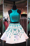 Kateprom A Line Two Piece Turquoise Short Homecoming Dresses with Beading, Formal Short Prom Dresses KPH0460
