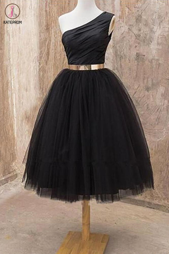 Kateprom A Line One Shoulder Black Tulle Tea Length Homecoming Dresses with Belt, Short Prom Dresses KPH0461