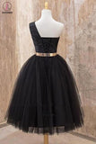 Kateprom A Line One Shoulder Black Tulle Tea Length Homecoming Dresses with Belt, Short Prom Dresses KPH0461