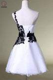Kateprom One Shoulder White Homecoming Dress with Black Lace, Knee Length Party Dress KPH0463