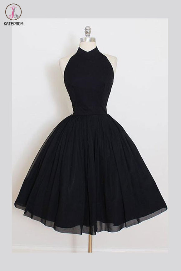 Kateprom Black Sleeveless Homecoming Dress, Simple Halter Party Dresses, Tea Length Graduation Dress KPH0464