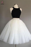 Kateprom Two Piece Knee Length Ivory Tulle Dress with Black Top, Simple Cheap Prom Dresses KPH0469