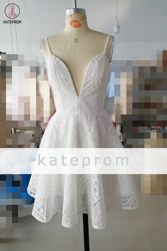 Kateprom Ivory Spaghetti Strap Deep V Neck Lace Short Homecoming Dress, Sweet Lace Prom Dress KPH0470