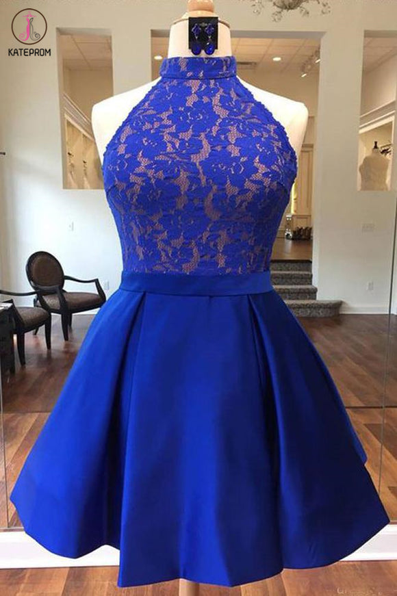 Kateprom Royal Blue High Neck Satin Short Homecoming Dress with Lace Top, Cute Prom Dress KPH0471