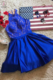 Kateprom Royal Blue High Neck Satin Short Homecoming Dress with Lace Top, Cute Prom Dress KPH0471