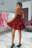 Kateprom Burgundy  Short Homecoming Dresses Spaghetti Strap Two Layers Satin Short Prom Dress with Appliques KPH0472