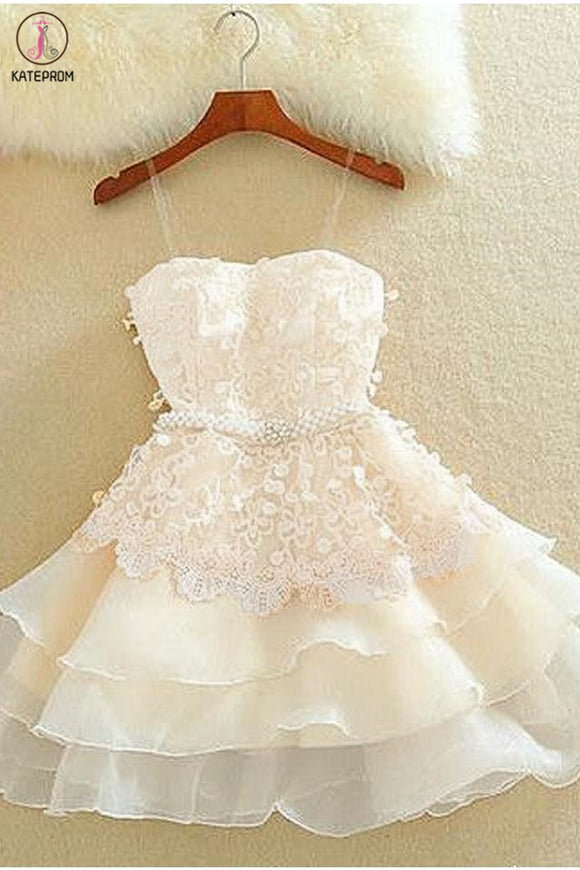 Kateprom Ivory A Line Tulle Homecoming Dress, Applique Short Prom Dress with Beads KPH0473