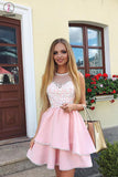 Kateprom Cute Pink A Line Round Neck Lace Appliqued Satin Short Homecoming Dresses KPH0474