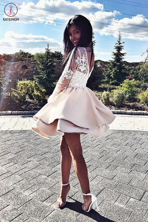 Kateprom Long Sleeve Satin Short Homecoming Dress, A Line Lace Mini Pa kateprom Kateprom Long Sleeve Satin Short Homecoming Dress, A Line Lace Mini Pa kateprom