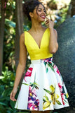 Kateprom A Line Yellow V Neck Floral Print Homecoming Dresses, Cute Short Prom Dress KPH0487