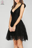 Kateprom Black V Neck Sleeveless Lace Homecoming Dress, Cheap Short Prom Dress KPH0488