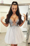 Kateprom Sexy A-Line V-Neck Short Tulle Homecoming Dress with Beading, Cocktail Dresses KPH0490