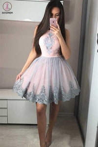 Kateprom Cute A-Line Round Neck Pink Homecoming Dress with Appliques, Short Prom Dress KPH0499