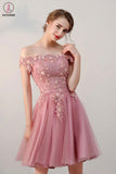 Kateprom Pink Off the Shoulder Short Tulle Prom Dress, Cute Homecoming Dress with Appliques KPH0504