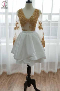 Kateprom White Long Sleeve Homecoming Dress with Gold Lace Appliques, V Neck Short Prom Dress KPH0513