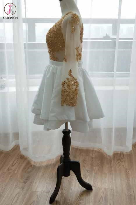 Kateprom White Long Sleeve Homecoming Dress with Gold Lace Appliques, kateprom Kateprom White Long Sleeve Homecoming Dress with Gold Lace Appliques, kateprom