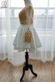 Kateprom White Long Sleeve Homecoming Dress with Gold Lace Appliques, V Neck Short Prom Dress KPH0513