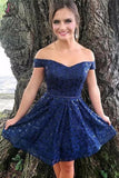 Kateprom Dark Blue Off the Shoulder Lace Homecoming Dresses, Sexy Lace Short Prom Dress KPH0515