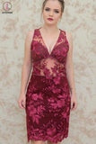 Kateprom Sheath V Neck Sleeveless Short Homecoming Dresses, Dark Red Lace Short Prom Dress KPH0516