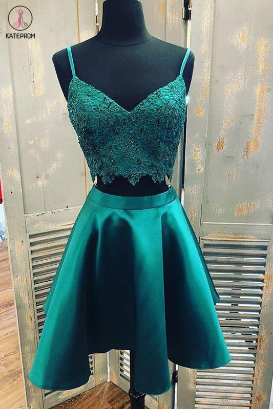 Kateprom Teal Two Piece Satin Homecoming Dresses with Lace, Spaghetti Strap Graduation Dress KPH0519