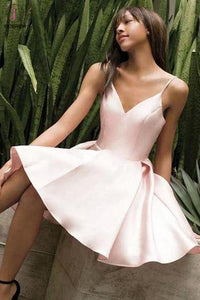 Kateprom Light Pink Satin Spaghetti Strap Homecoming Dress, Simple Cheap Mini Prom Dress KPH0520