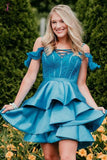 Kateprom A Line Off the Shoulder Satin Homecoming Dresses, Tired Mini Prom Dresses KPH0521
