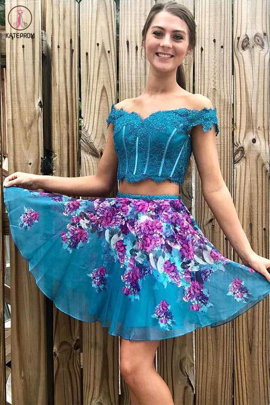 Kateprom Two Piece Turquoise Off Shoulder Beading Lace Floral Homecoming Dresses KPH0522