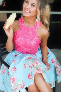 Kateprom Light Blue Short Homecoming Dress with Hot Pink Lace Top, Knee Length Prom Gown KPH0524