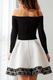 Kateprom White and Black Off Shoulder Homecoming Dress with Lace, Short Prom Dress with Sleeve KPH0500