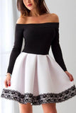 Kateprom Dark Gray and Black Off the Shoulder Long Sleeve Short Homecoming Dresses with Lace KPH0496