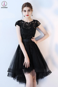 Kateprom Black High Low Prom Dress, A Line Tulle Black Dress with Lace, Cap Sleeve Homecoming Dress KPH0484