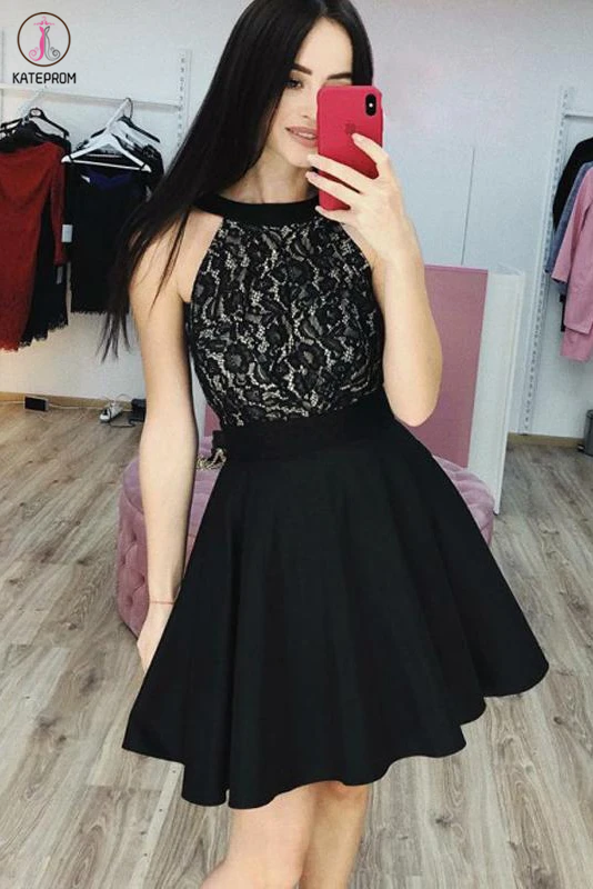 Kateprom Black Lace Satin Simple Cheap Homecoming Dresses, Fashion Sleeveless Short Prom Dress KPH0528