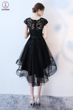 Kateprom Black High Low Prom Dress, A Line Tulle Black Dress with Lace, Cap Sleeve Homecoming Dress KPH0484