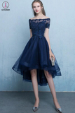 Kateprom Dark Blue Off the Shoulder Tulle Homecoming Dress with Lace Appliques, High Low Dress KPH0506
