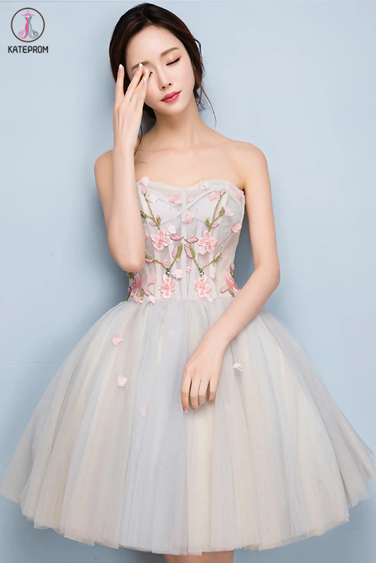 Kateprom Unique Strapless Tulle Short Homecoming Dress with Appliques, kateprom Kateprom Unique Strapless Tulle Short Homecoming Dress with Appliques, kateprom