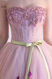 Kateprom Pink Sweetheart Tulle Homecoming Dress with Ribbon, Short Prom Dress with Beads KPH0508