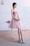 Kateprom Pink Sweetheart Tulle Homecoming Dress with Ribbon, Short Prom Dress with Beads KPH0508