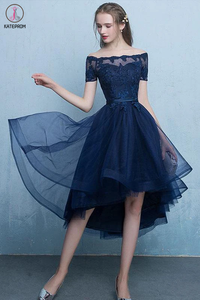Kateprom Dark Blue Off the Shoulder Tulle Homecoming Dress with Lace Appliques, High Low Dress KPH0506