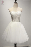 Kateprom Ivory Strapless Mini Tulle Prom Dresses, A Line Sweetheart Appliqued Short Homecoming Dress KPH0476