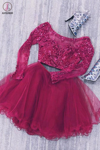 long sleeve two piece short prom dress Two Piece Long Sleeves Lace Prom Dress Party Dress with Slit PG446 US10 / Custom Color