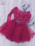 Kateprom Two Piece Long Sleeves Tulle Short Homecoming Dress with Lace Beads, Short Prom Dress KPH0505