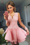 Kateprom Unique Long Sleeves Short Homecoming Dress with Lace Appliques, Mini Prom Dress KPH0511