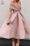 Kateprom Green Off the Shoulder Tea Length Satin Homecoming Dress, Cute Senior Prom Dress KPH0503