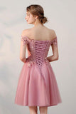 Kateprom Pink Off the Shoulder Short Tulle Prom Dress, Cute Homecoming Dress with Appliques KPH0504