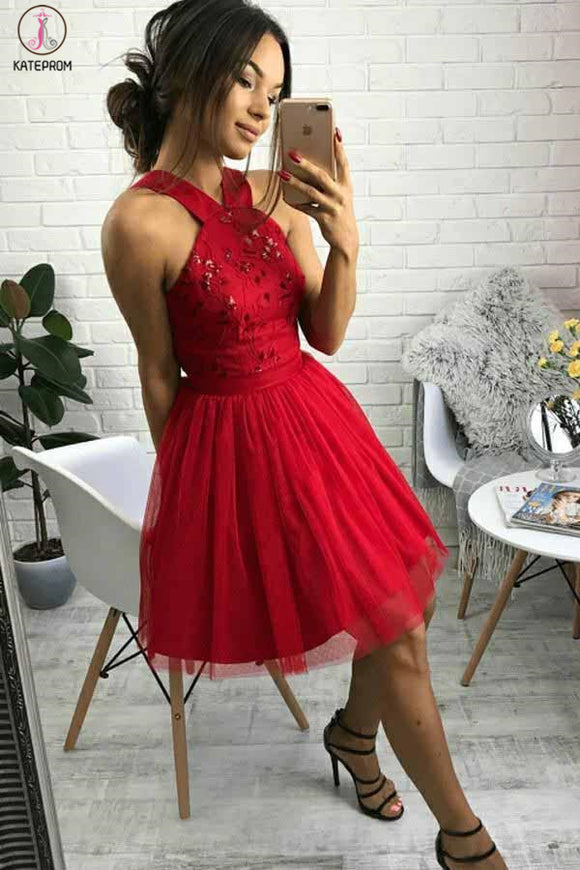 Kateprom Cute Red Tulle Short Homecoming Dress with Beading, A Line Sweetheart Short Prom Dress KPH0512