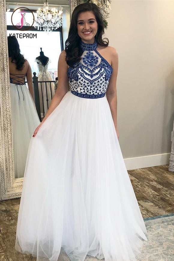Kateprom White High Neck Long Prom Dress with Royal Blue Embroidery, Charming Party Dress KPP0863