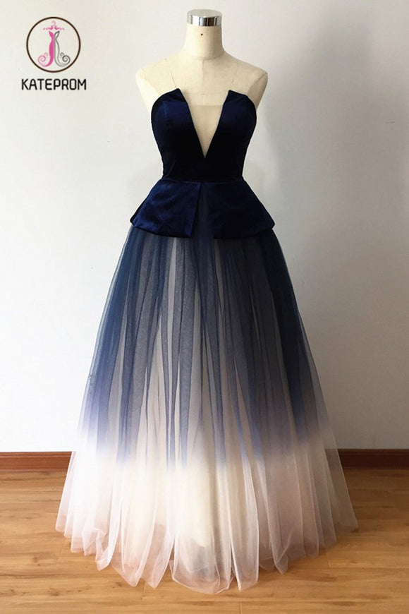Kateprom Ombre Blue Tulle Long Prom Dress, New Style Strapless Long Evening Dress KPP0864