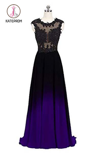 Kateprom Black and Purple Sleeveless Ombre Prom Dresses, A Line Lace Appliques Evening Dresses KPP0873